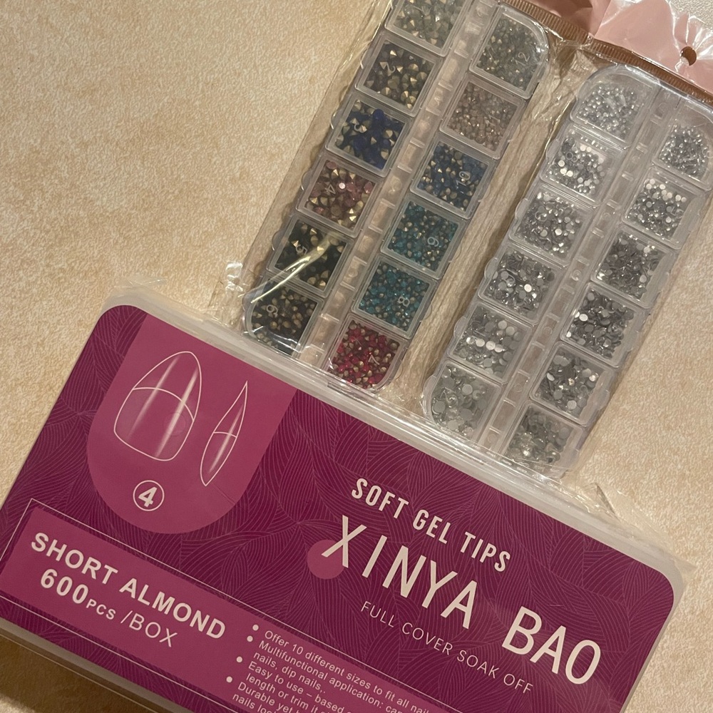 New DIY Almond shape Gel Tips w/ Rhinestones Set + Free gift